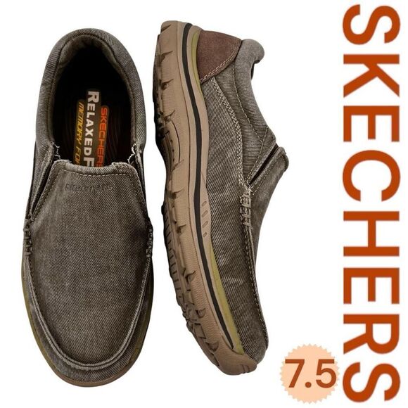 Skechers Men's 7.5 Slip-On Relaxed Fit Expected Avillo Casual Shoes Grey Beige - Picture 1 of 8